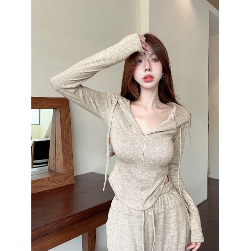 Long-Sleeve Hooded Plain Half Zip Tee / Mid Rise Plain Wide Leg Pants Product Image