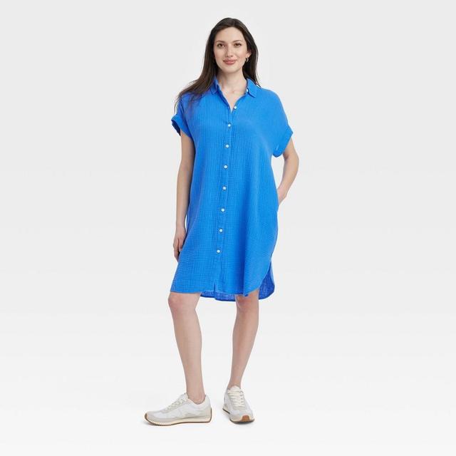 Womens Short Sleeve Mini Summer Shirtdress - Universal Thread Blue Product Image