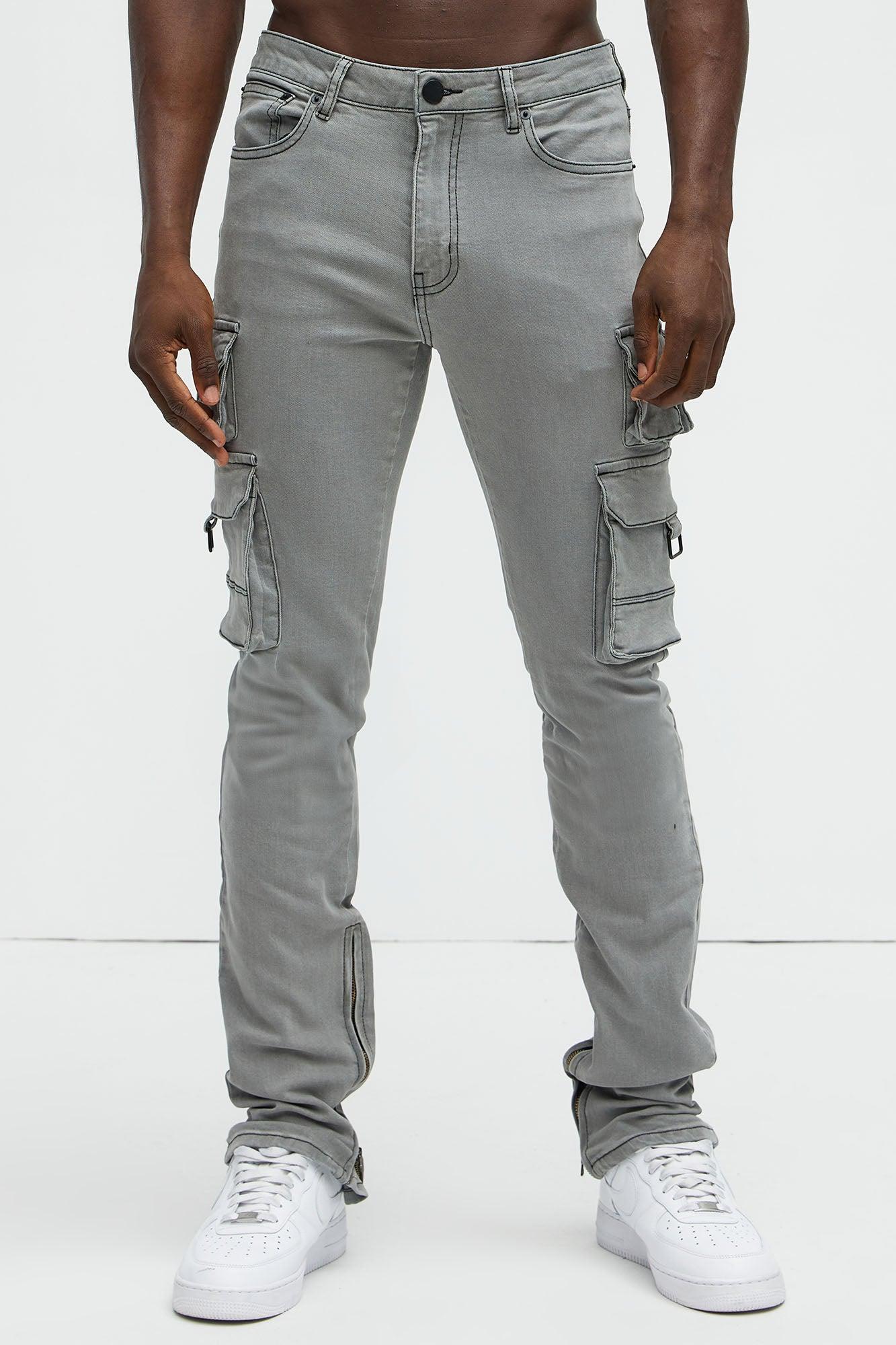 Get This Cargo Stacked Skinny Zipper Flare Jeans - Grey Product Image