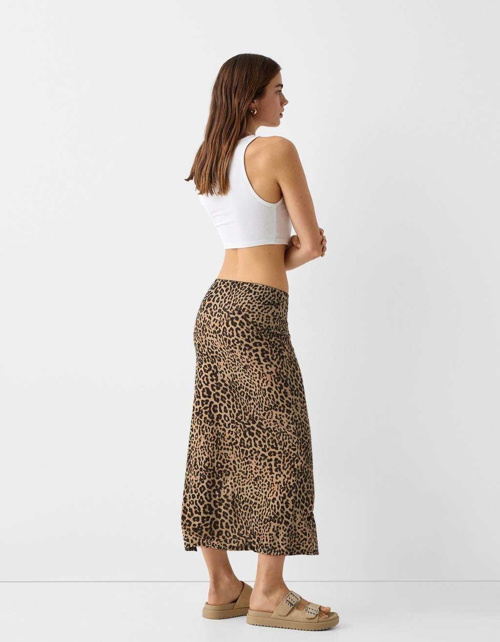 Bershka polyamide maxi skirt in leopard print Product Image