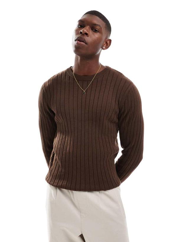 ASOS DESIGN essential muscle fit rib knit sweater in brown Product Image