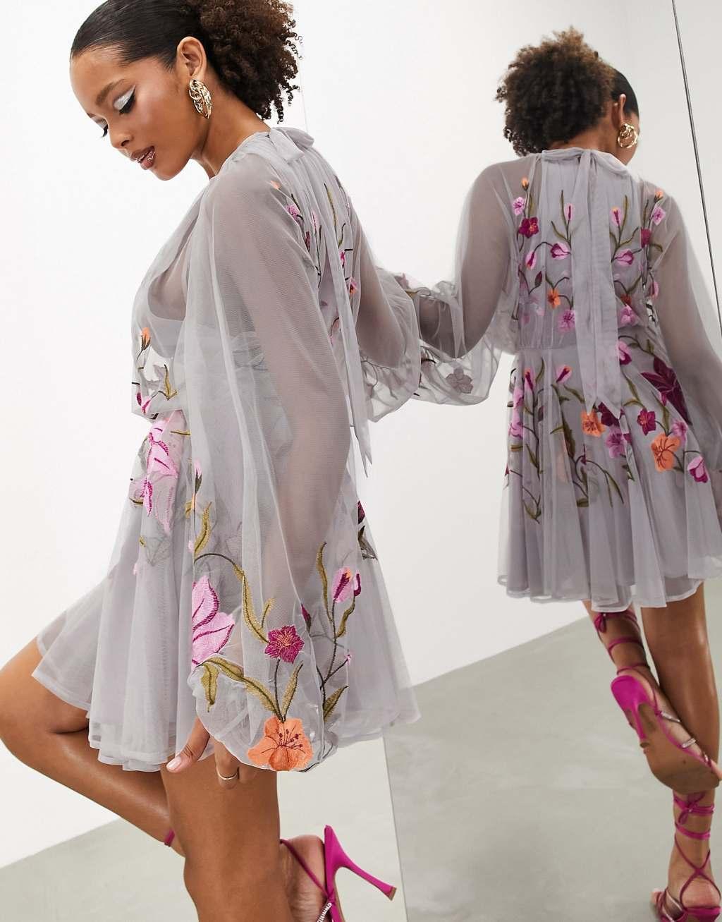 ASOS Edition mesh long sleeve mini dress with floral embroidery in blush Product Image