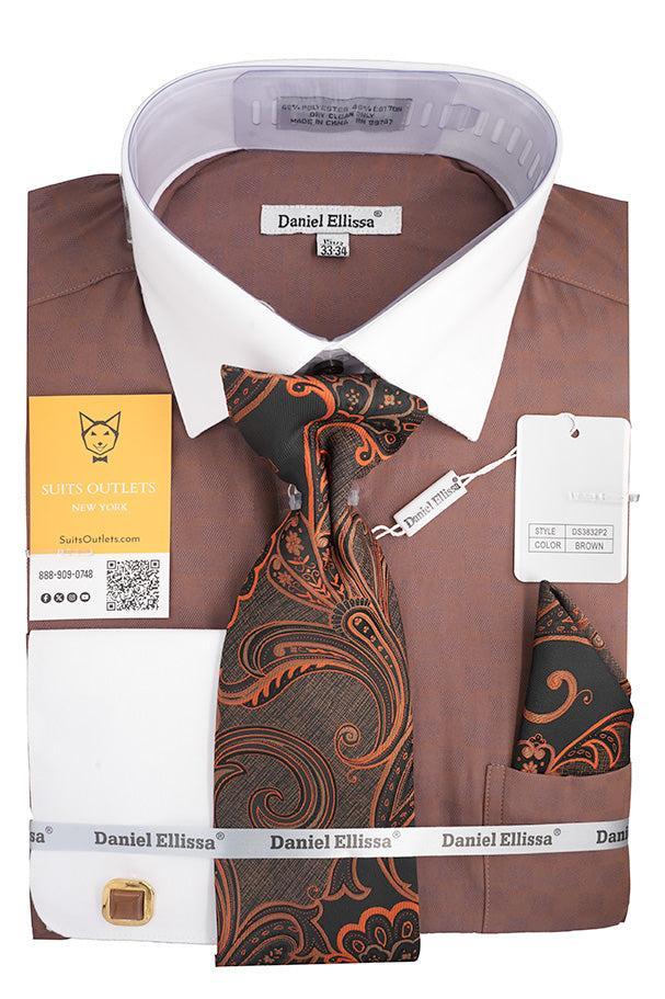 Brown White French Cuff Dress Shirt Set with Tie, Cuff Links and Pocket Square Product Image