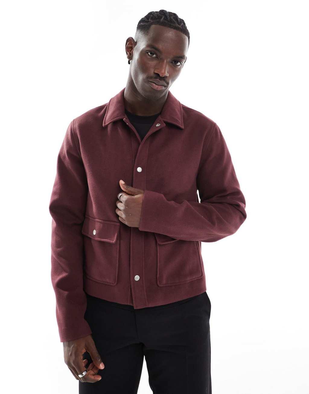 ASOS DESIGN wool look cropped harrington jacket in burgundy Product Image