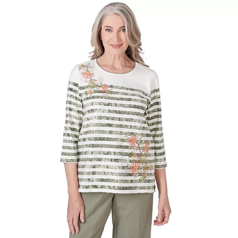 Petite Alfred Dunner Marble Striped Floral Embroidered Crewneck 3/4-Sleeve Top, Womens product image