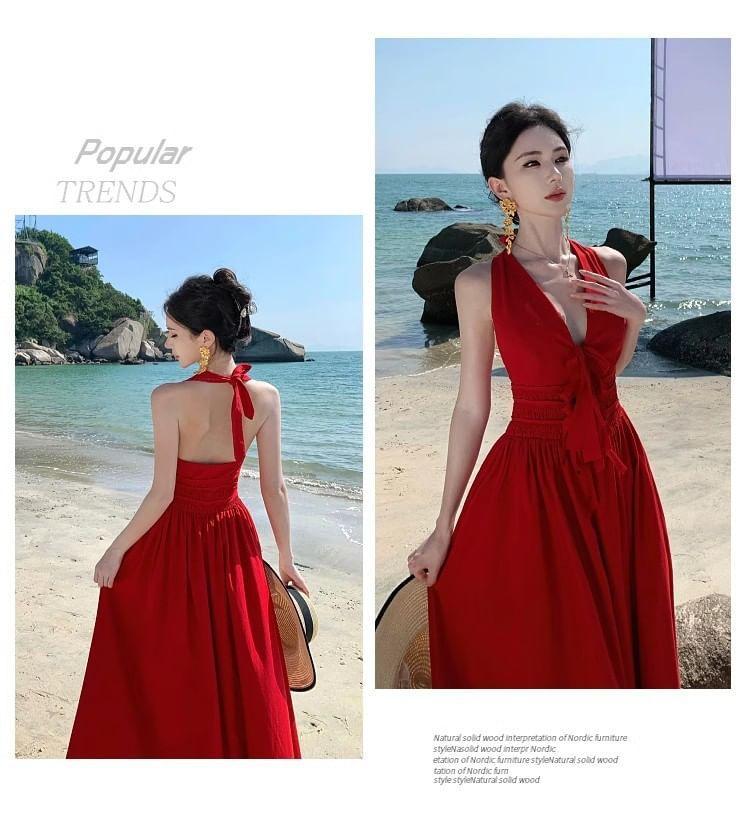 Sleeveless V-Neck Plain Maxi A-Line Dress Product Image