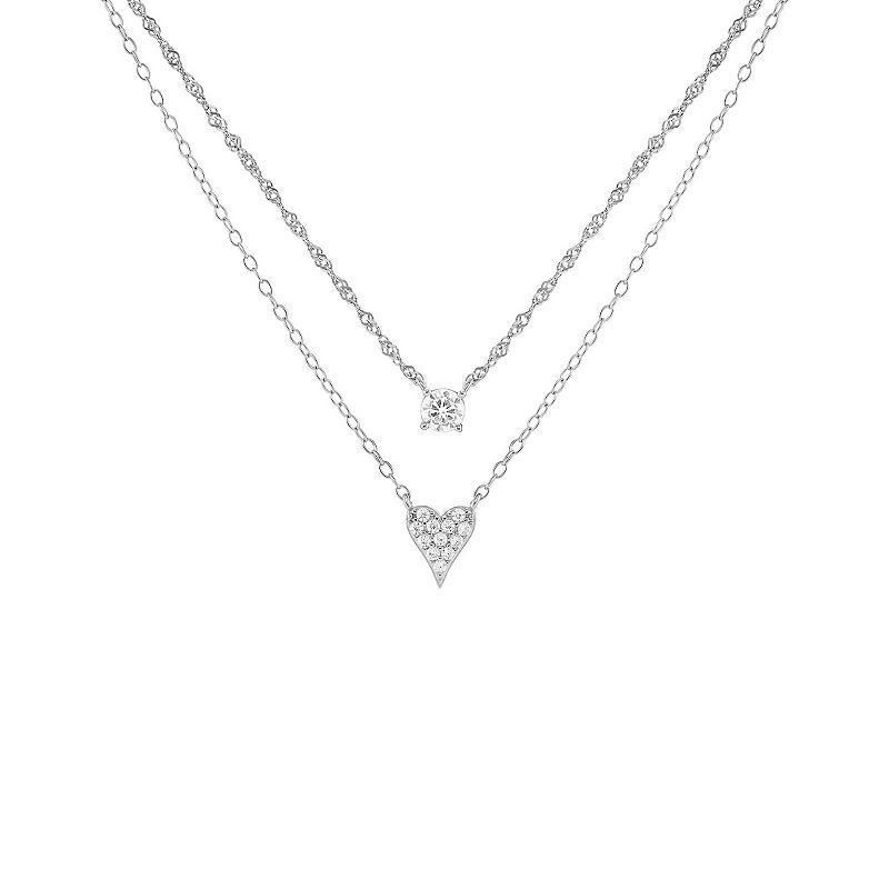 PRIMROSE Sterling Silver Cubic Zirconia Heart Double Layer Necklace, Womens Sterling Clear Product Image