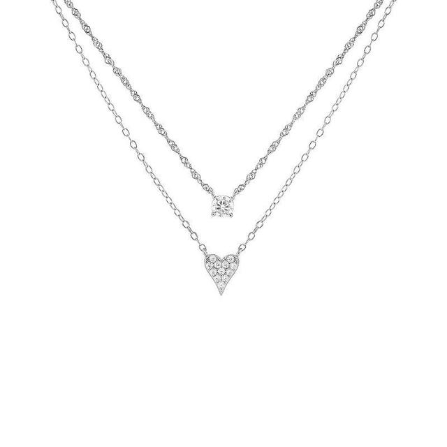 PRIMROSE Sterling Silver Cubic Zirconia Heart Double Layer Necklace, Womens Sterling Clear Product Image