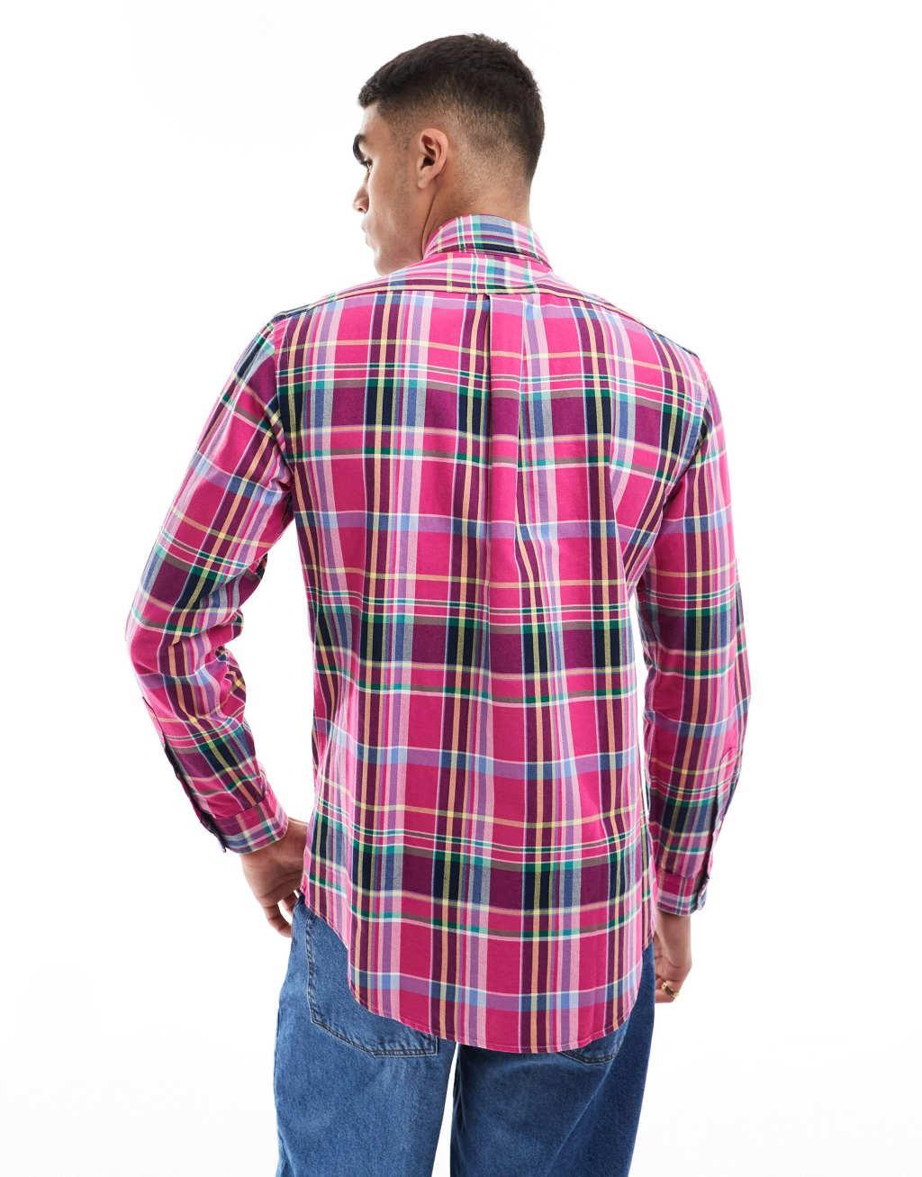 Polo Ralph Lauren icon logo check oxford shirt in pink/navy Product Image