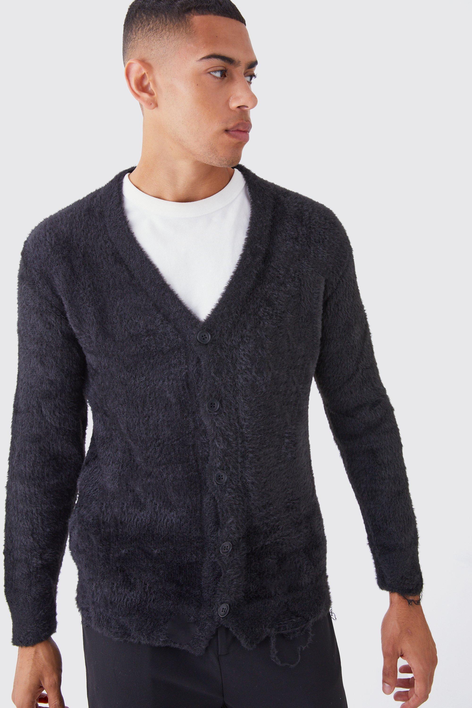 Oversized Distressed Fluffy Cardigan | boohooMAN USA Product Image