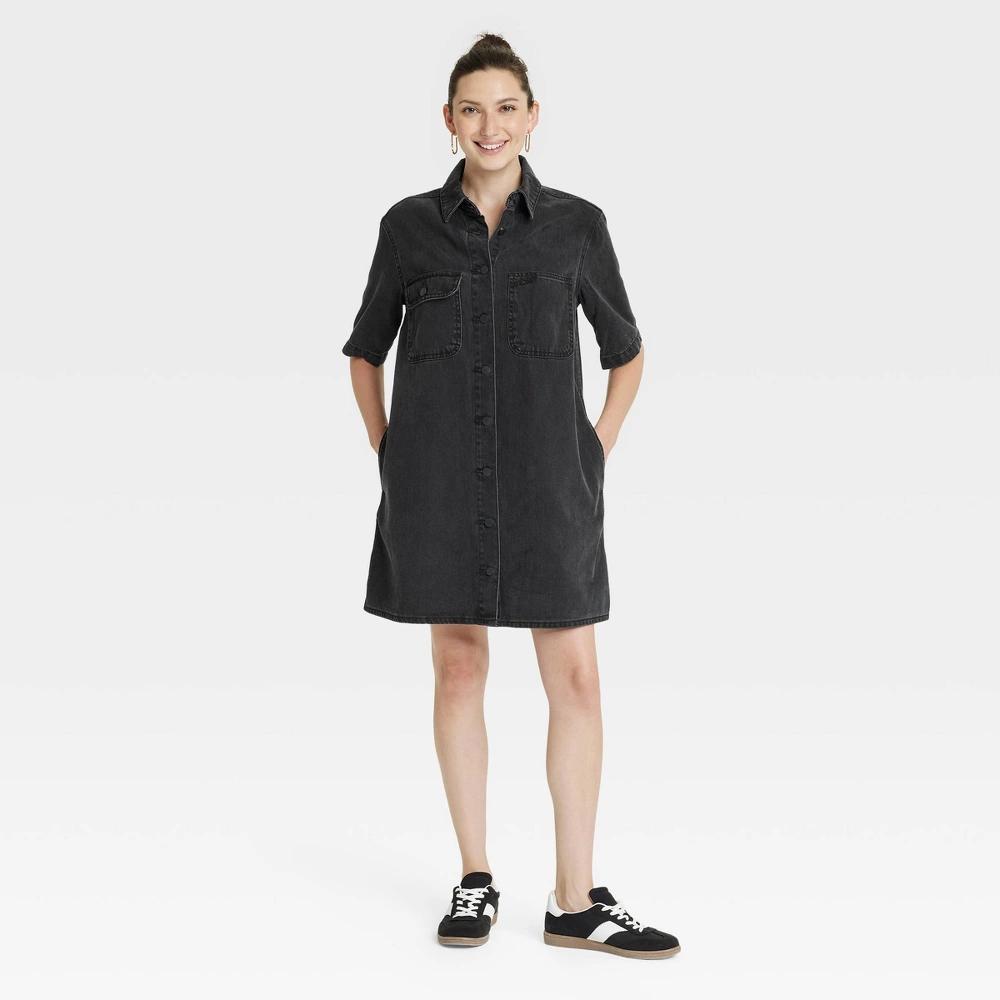 Womens Short Sleeve Mini Shirtdress - Universal Thread Black Product Image