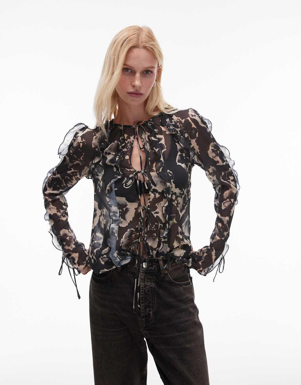 Topshop ruffle sleeve sheer tie front top in mono floral print Product Image