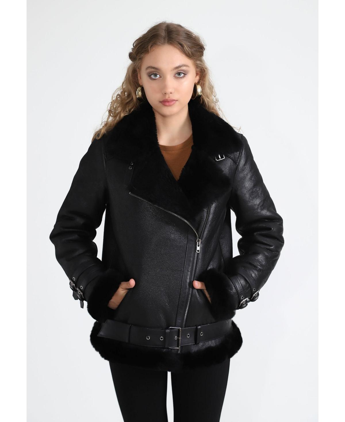 Womens Shearling Belted Biker Jacket, Vintage-like Black Wool - Black Product Image