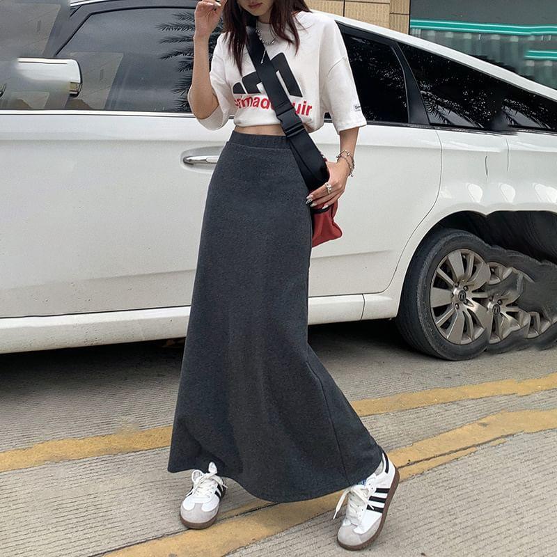 High Waist Plain Maxi A-Line Skirt Product Image