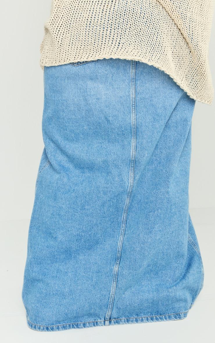 Plus Mid Blue Wash Split Front Denim Maxi Skirt Product Image