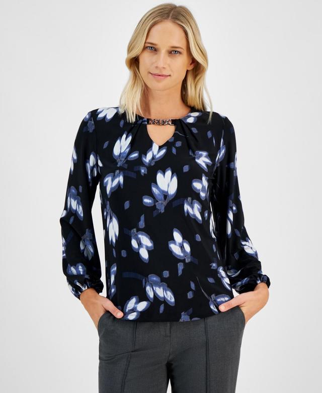 Anne Klein Womens Printed Keyhole Blouson-Sleeve Blouse Product Image