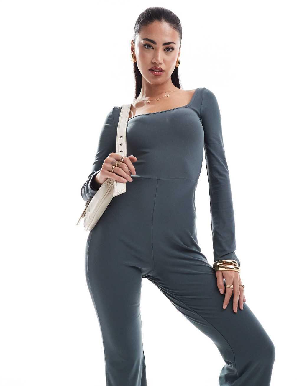 Fashionkilla super-soft off square neck long sleeve unitard in charcoal Product Image