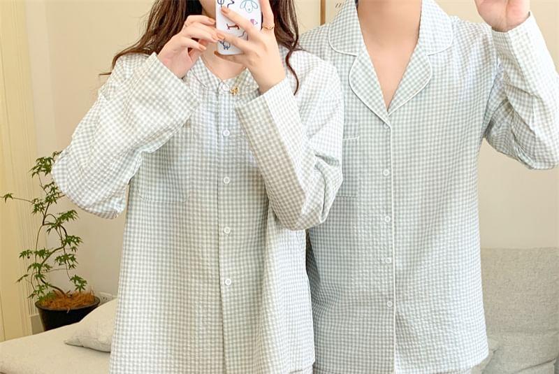 Couple Matching Pajama Set:  Long-Sleeve Plaid Button Top + Pants (Various Designs) Product Image