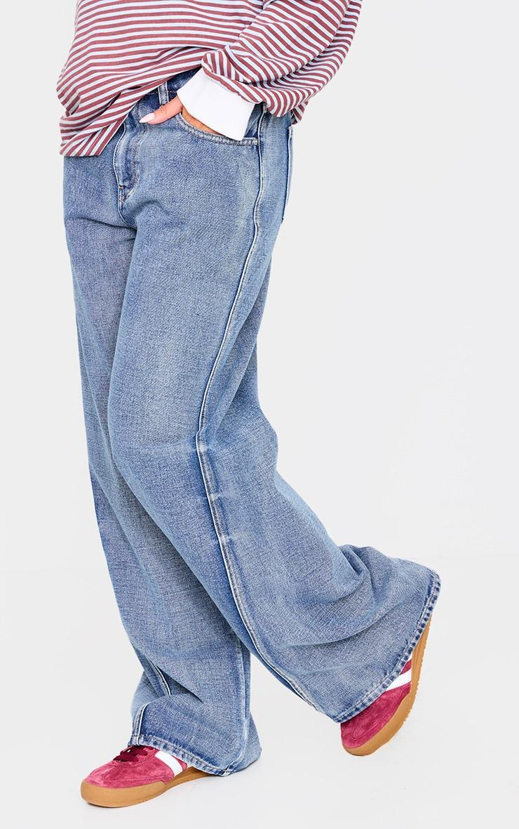 Acid Blue Wash Low Rise Seam Detail Wide Leg Jeans Product Image