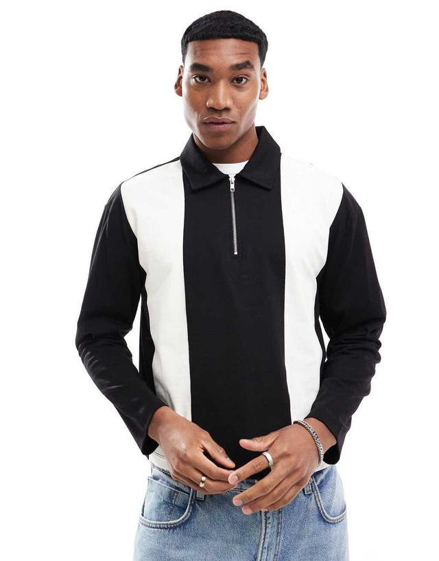 ASOS DESIGN relaxed boxy heavyweight color block long sleeve polo in black Product Image