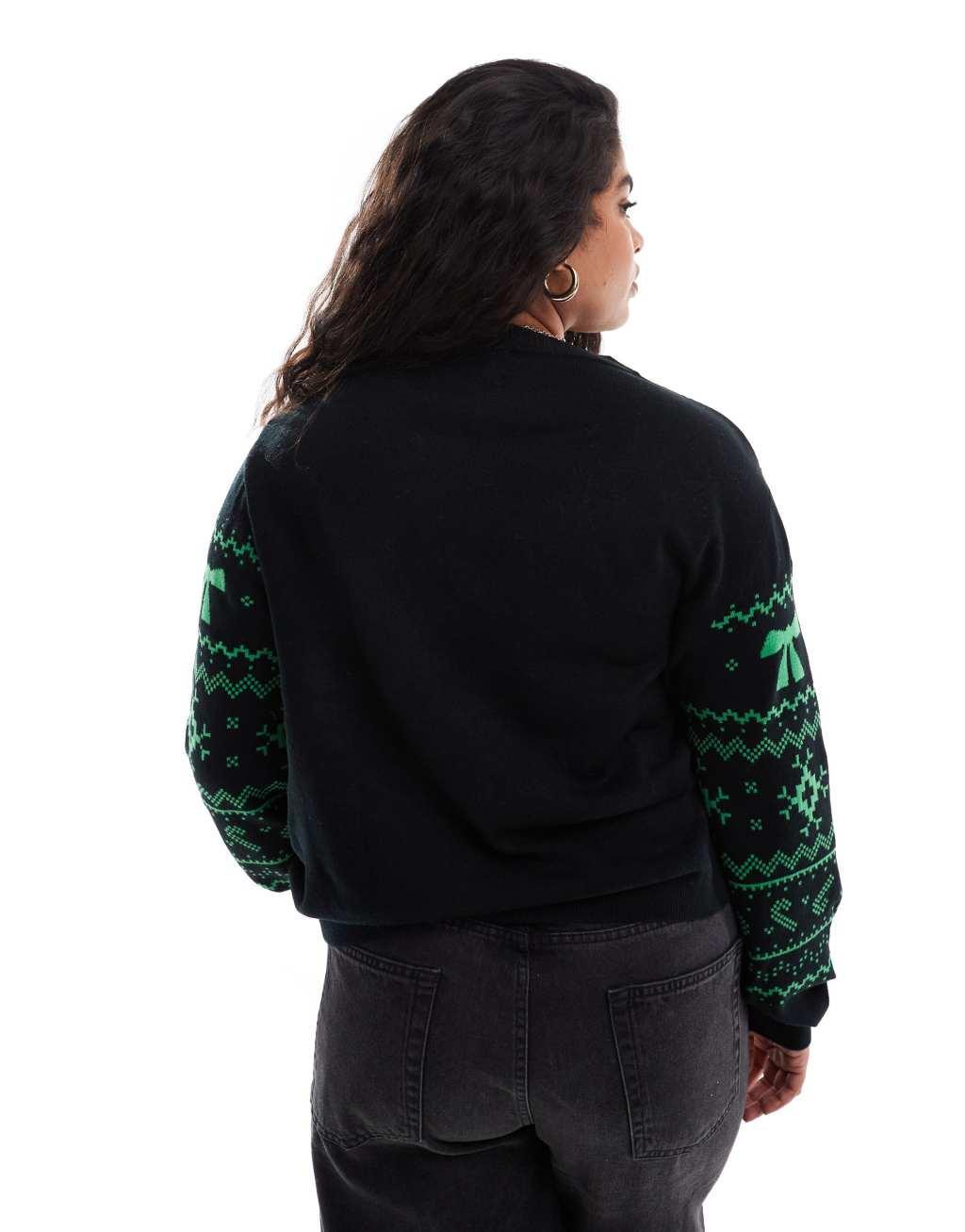 ASOS DESIGN Curve crew neck christmas sweater with fairisle pattern in black and green Product Image