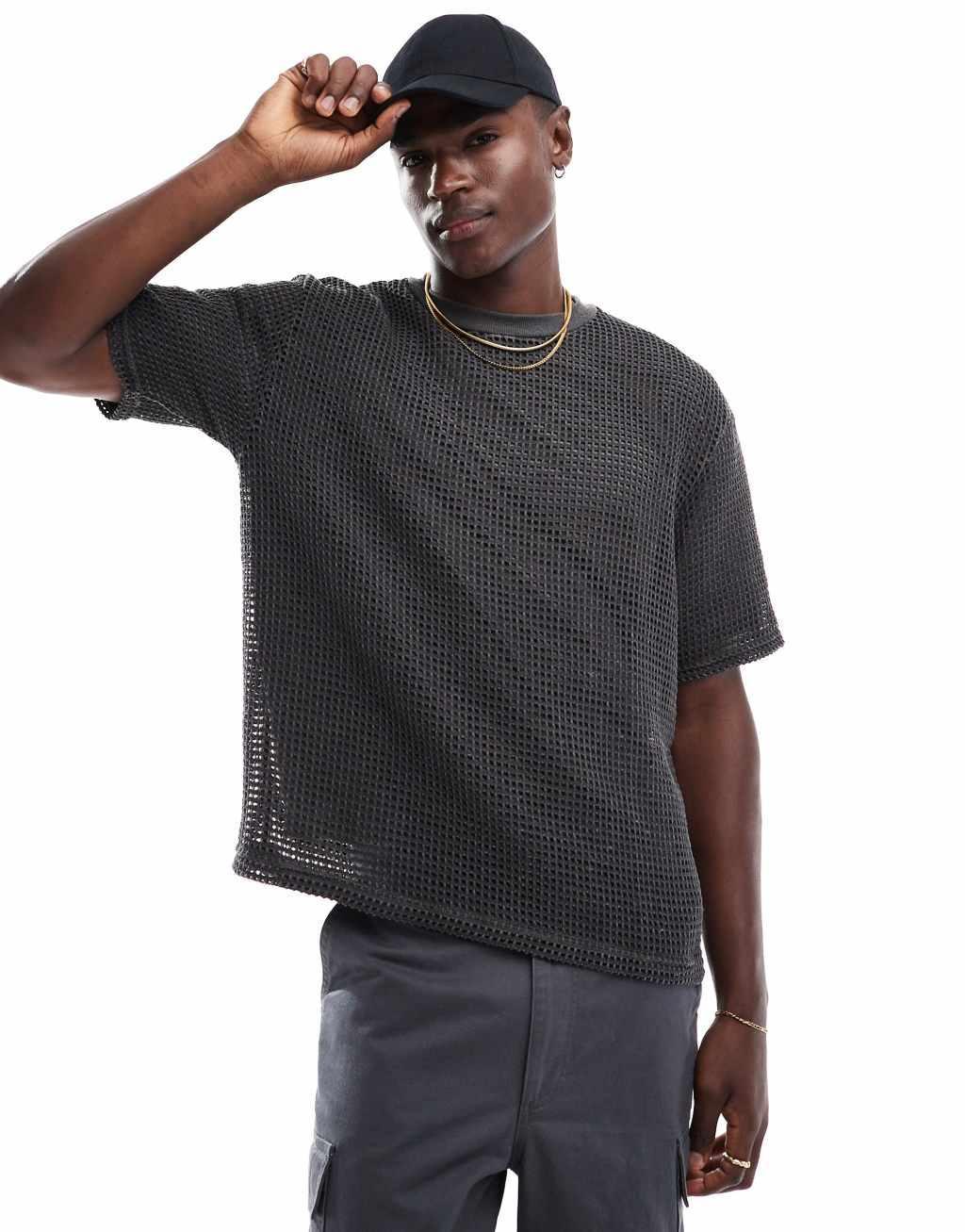 Pull&bear double layered mesh t-shirt in black product image