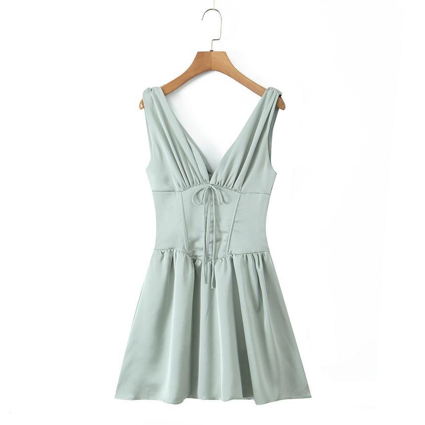 Sleeveless V-Neck Plain Bow Mini A-Line Corset Dress product image