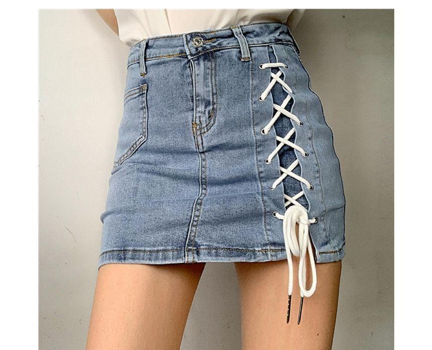 High Waist Lace-Up Denim Skort Product Image