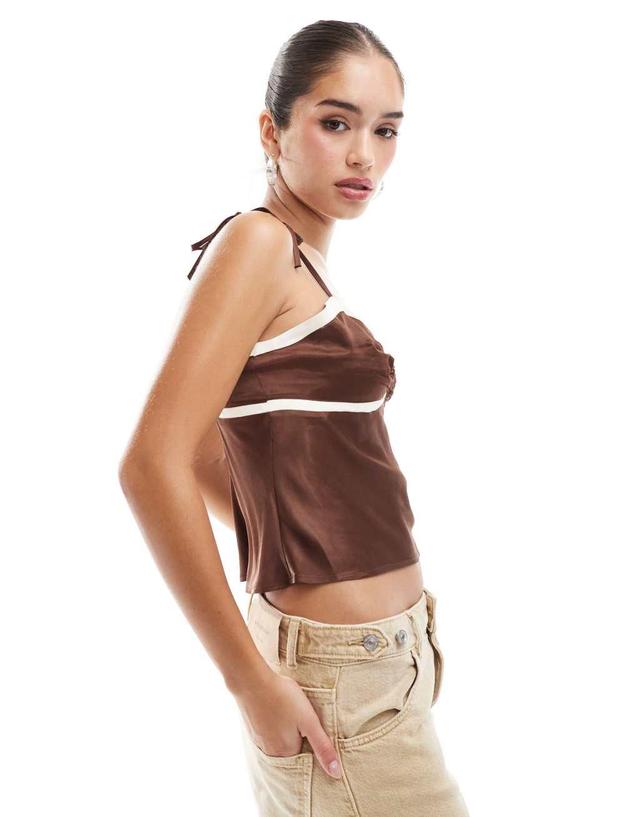 ASOS DESIGN satin contrast bust cup cami top in chocolate Product Image