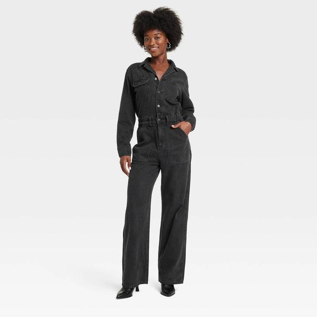 Womens Long Sleeve Utility Baggy Denim Jumpsuit - Universal Thread Black 10 Product Image