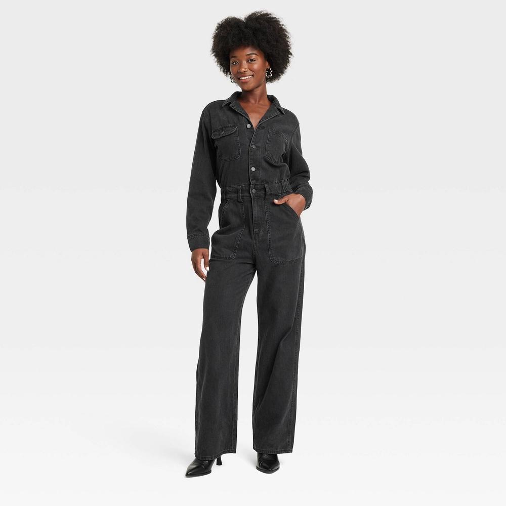 Womens Long Sleeve Utility Baggy Denim Jumpsuit - Universal Thread Black 2 Product Image