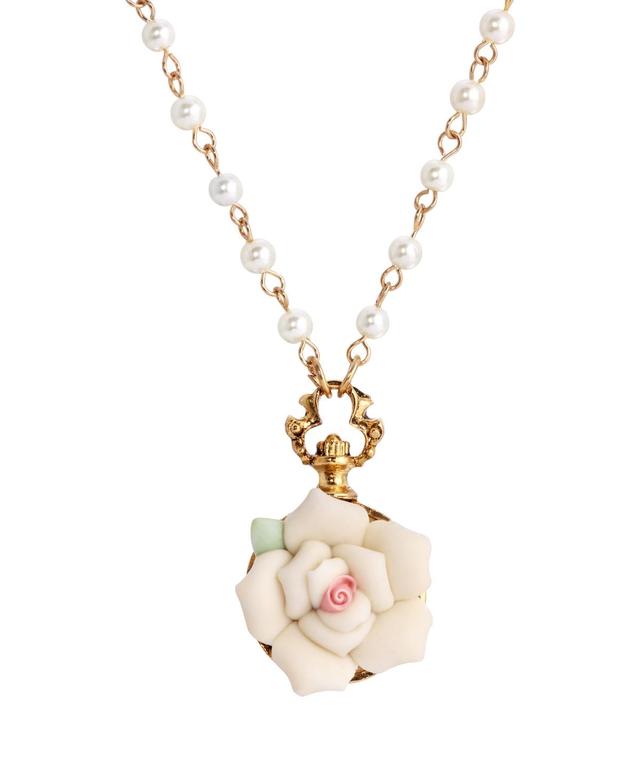 1928 Gold Tone Flower With Simulated Pearl Necklace, Womens, White Product Image