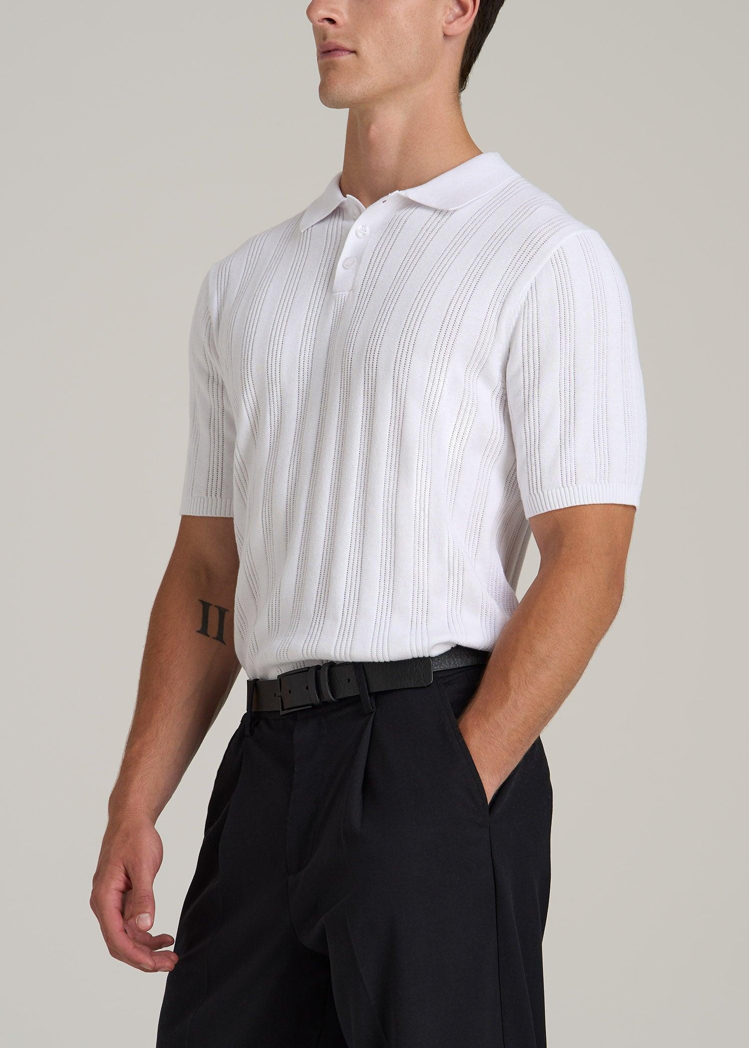 Ribbed Textured Knit Tall Men's Polo Shirt in White Male Product Image