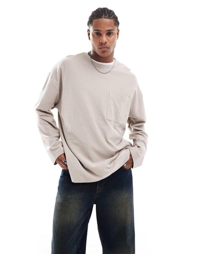 ASOS DESIGN oversized long sleeve boucle t-shirt in stone Product Image