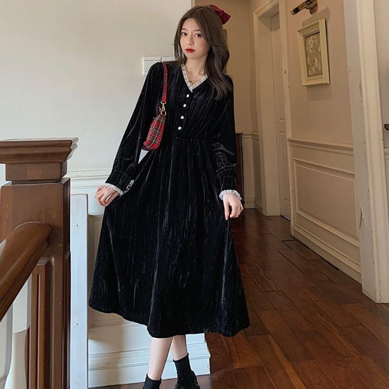 Long-Sleeve V-Neck Frill Trim Velvet Midi A-Line Dress Product Image