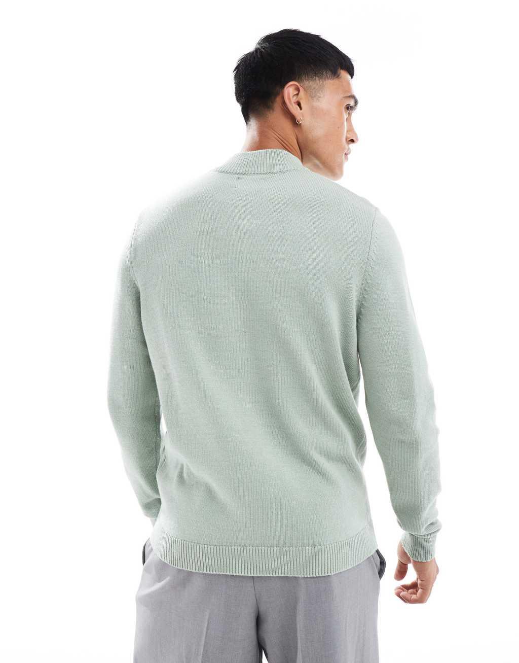 ASOS DESIGN midweight knitted quarter zip neck sweater in sage green Product Image