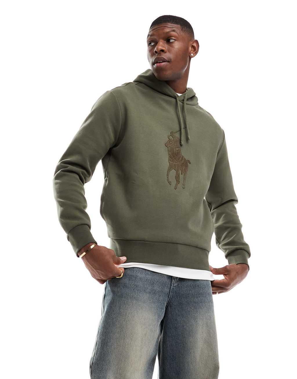 Polo Ralph Lauren tonal large player logo double knit hoodie in dark green Product Image