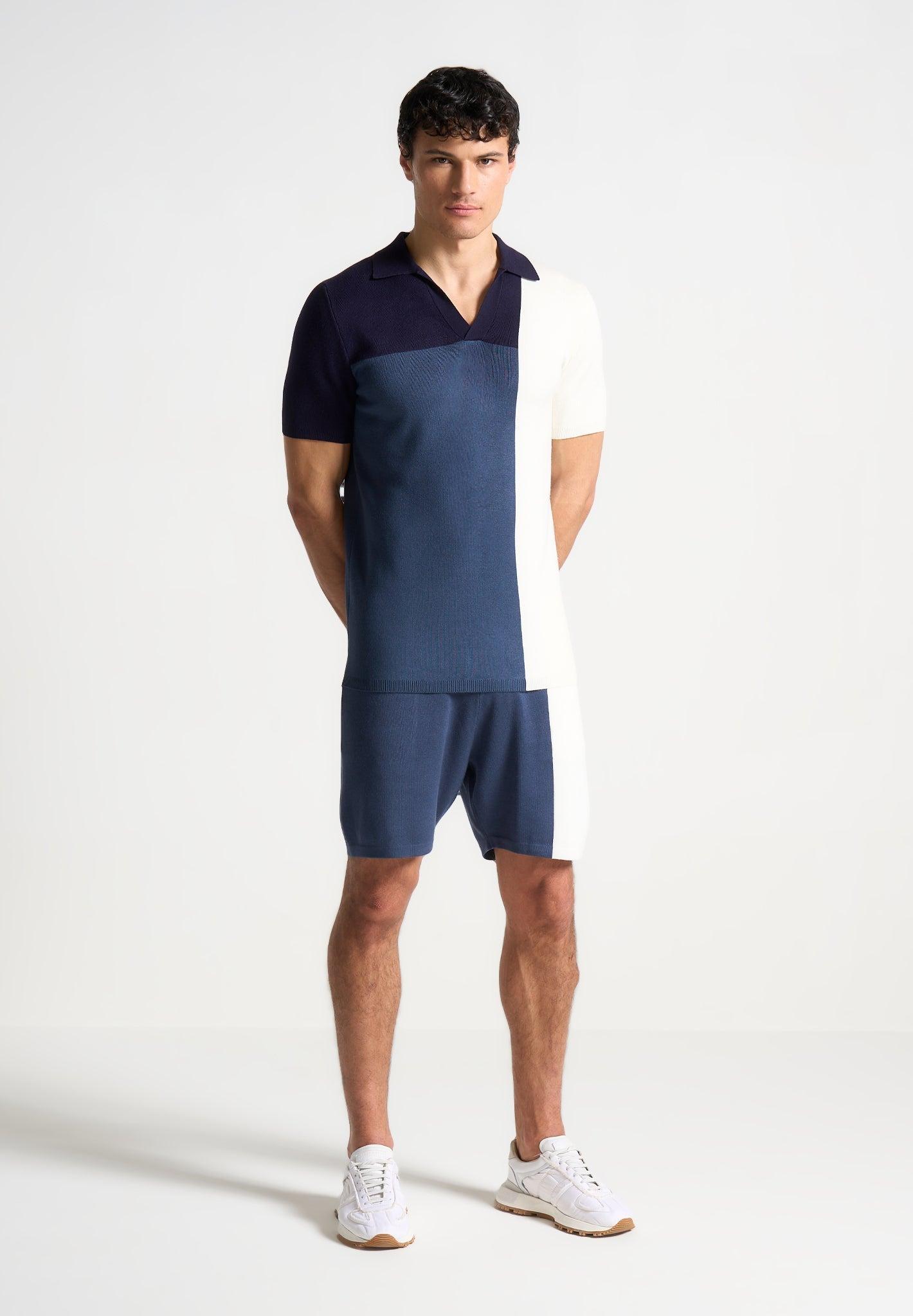 Colour Block Knit Revere Polo Top - Navy/Steel Blue Male Product Image