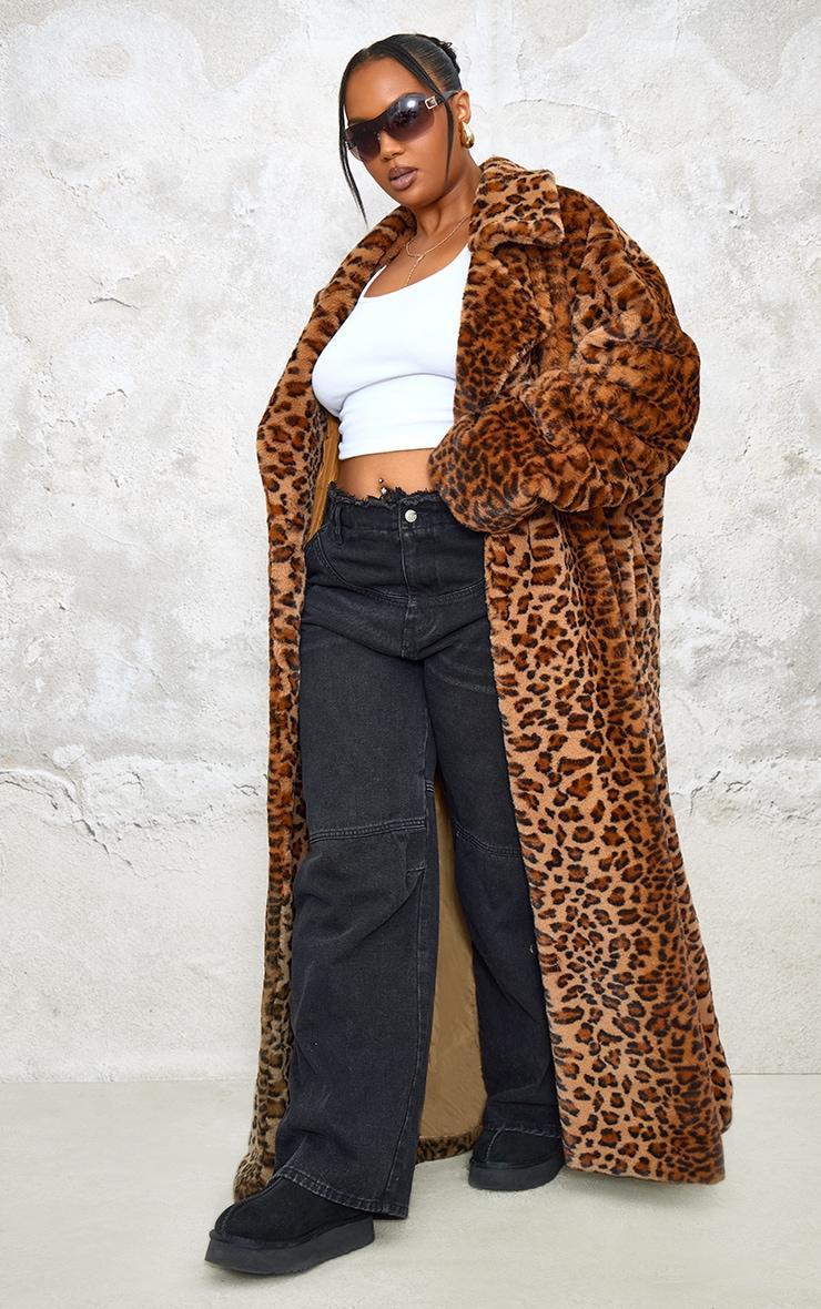 Plus Brown Soft Faux Fur Leopard Print Maxi Coat Product Image