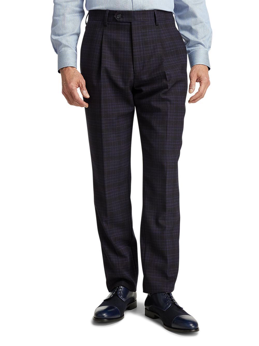 Wool Stretch Plaid Single Pleat Suit Pants - Brown/navy Product Image