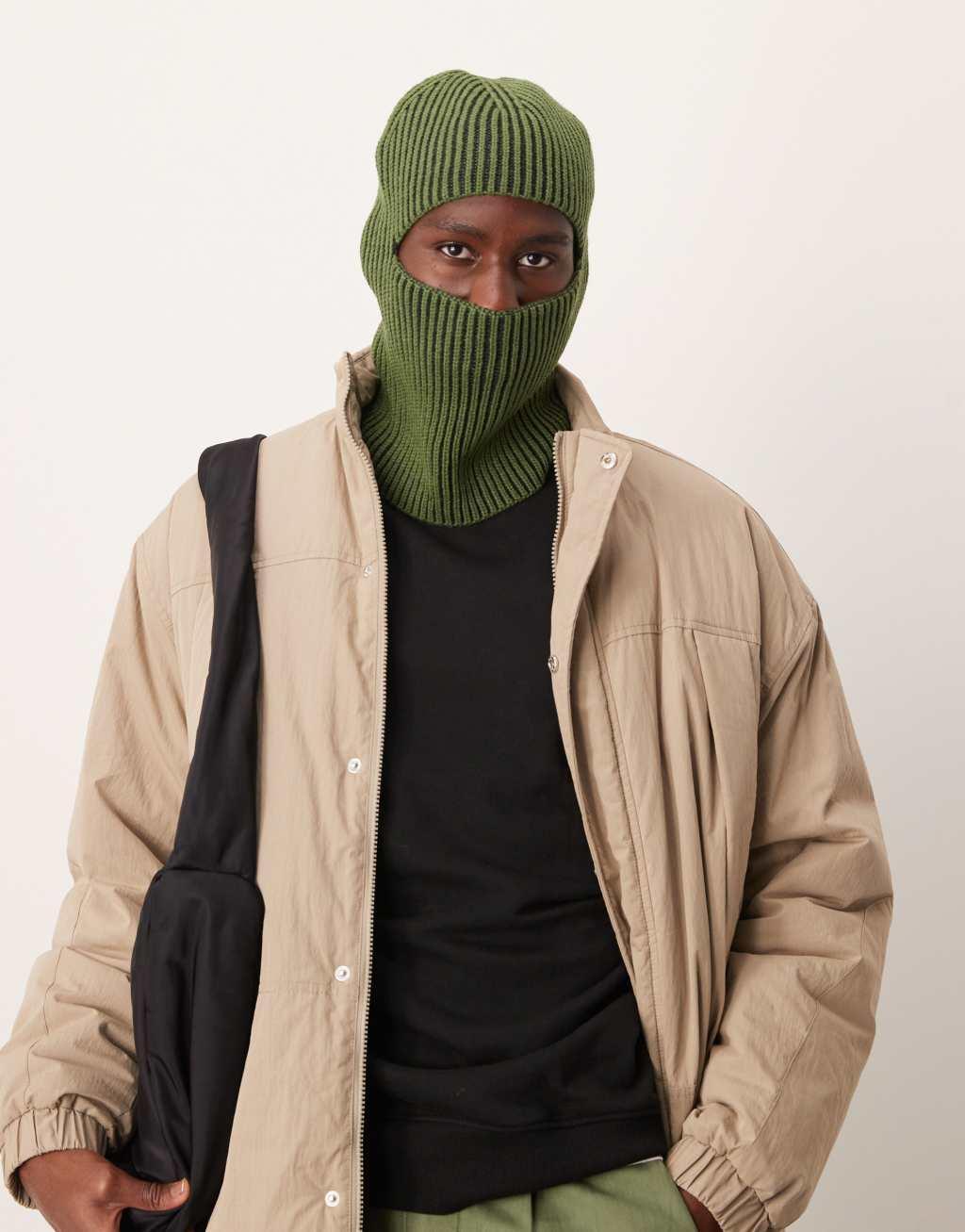 ASOS DESIGN ribbed balaclava in khaki Product Image