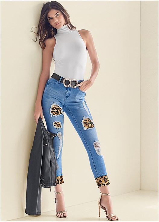 Leopard Cuffed Jeans Product Image