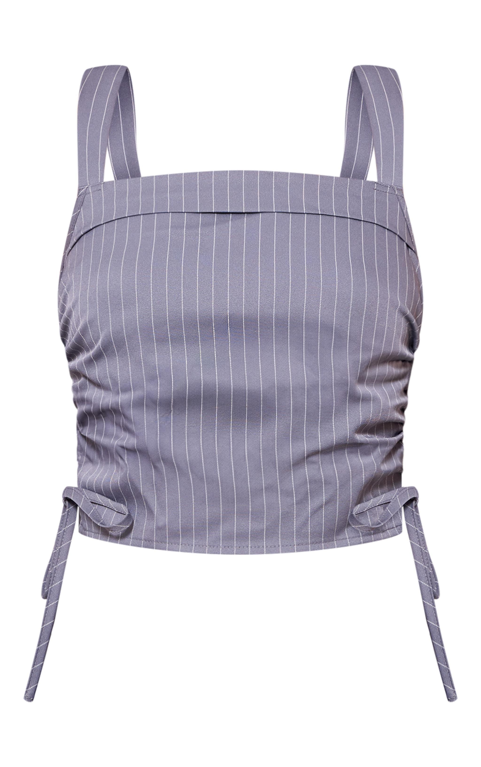 Grey Pinstripe Ruched Side Top Product Image