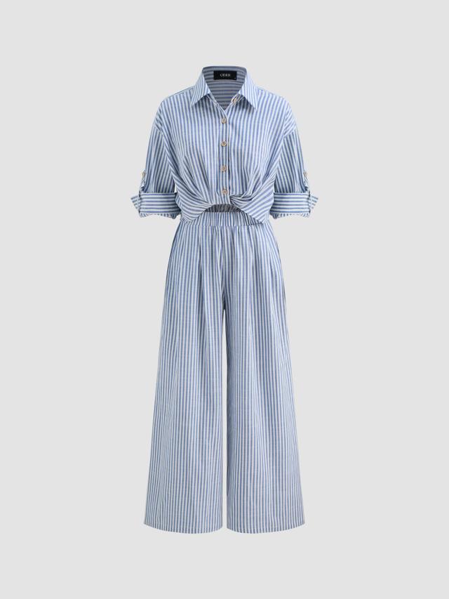 Cotton-blend Collar Solid Striped Knotted Roll-up Sleeve Jumpsuit Product Image