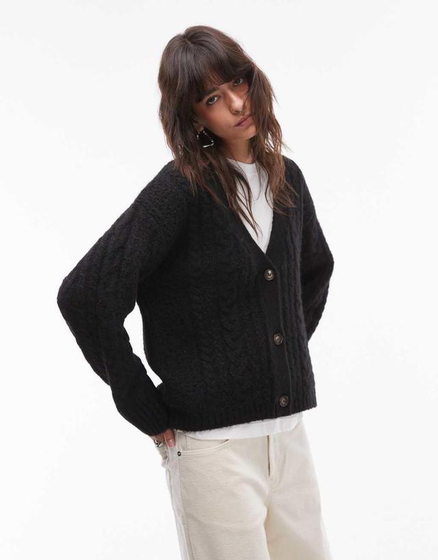 Topshop knitted v-neck cable detail relaxed cardigan in black Product Image