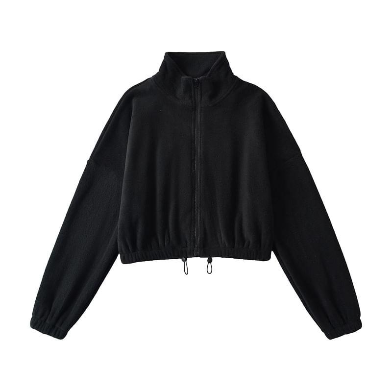 Stand Collar Plain Zip Up Fleece Jacket Product Image