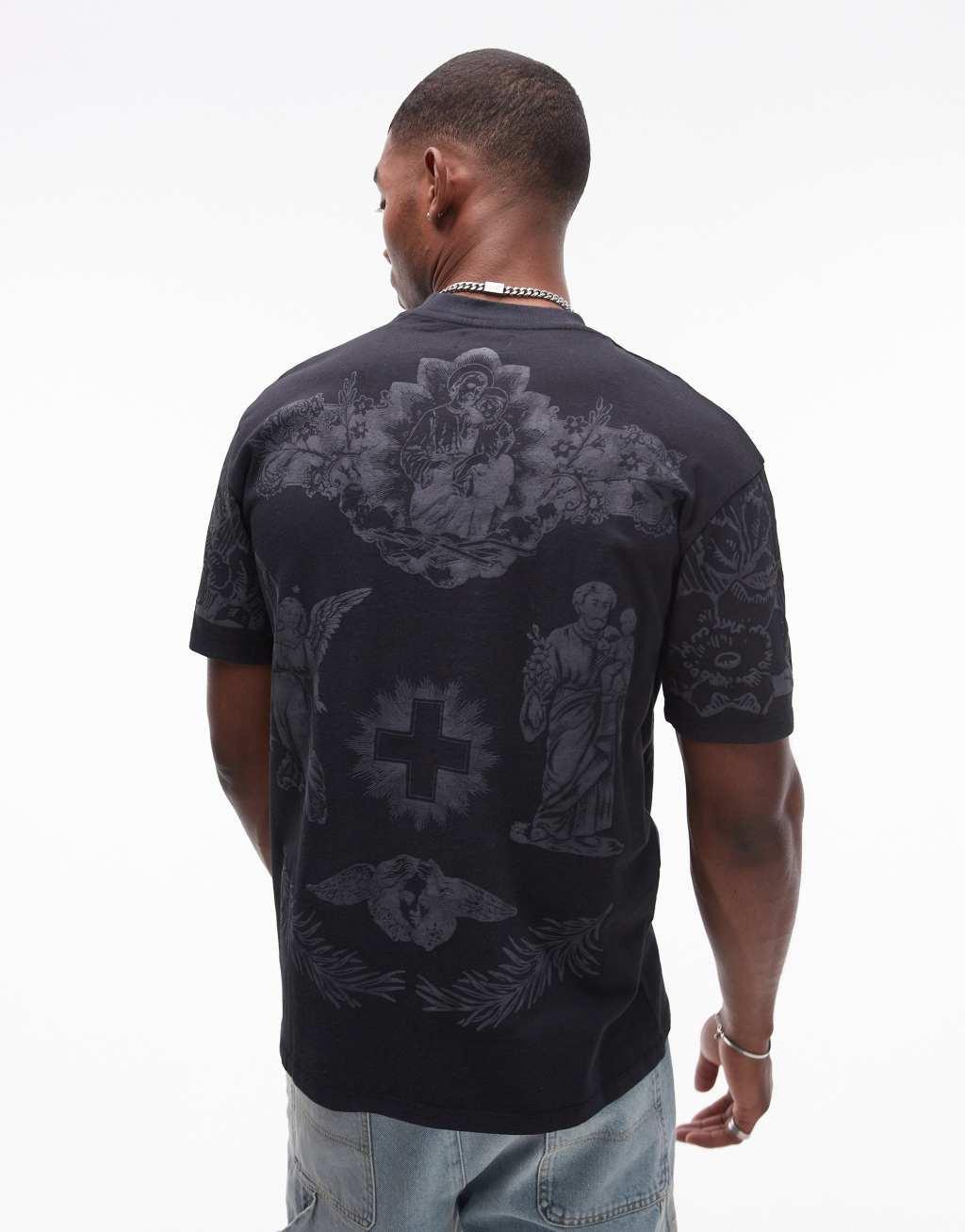 Topman premium oversized fit T-shirt with religious icons front and back print in washed black Product Image