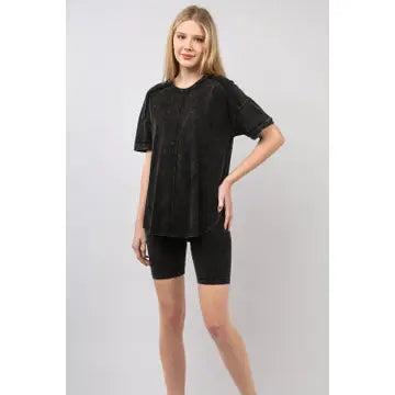 Black Washed Stretchy Knit Activewear Top & Shorts Female Product Image