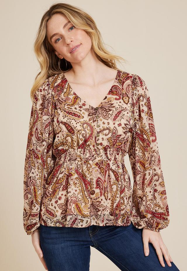 Maurices Womens Medium Size Paisley Smocked Peplum Blouse Product Image