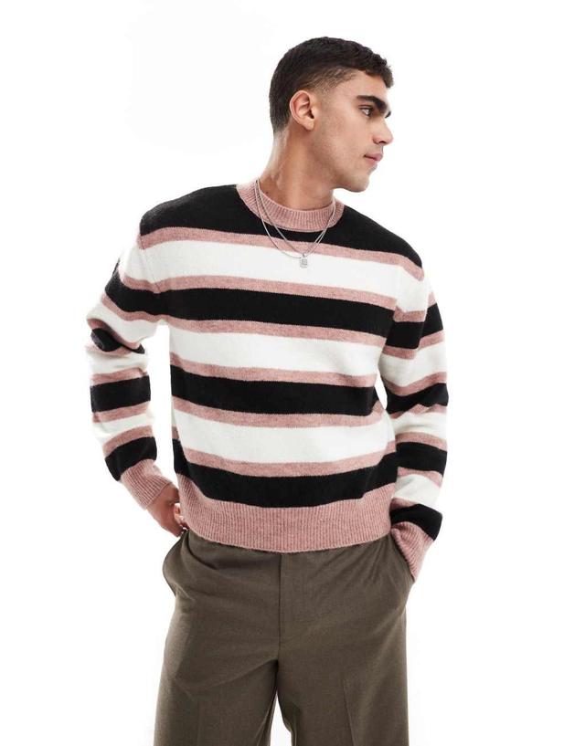 Bershka colored stripe knit sweater in pink Product Image